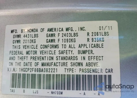 2011 Honda Accord Exl from USA, damaged, VIN 1HGCP2F86BA082221